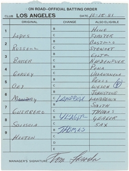 1981 Los Angeles Dodgers Road Line Up Card from October 17, 1981 NLCS Game 4 Vs Montreal Expos - Steve Garvey Home Run